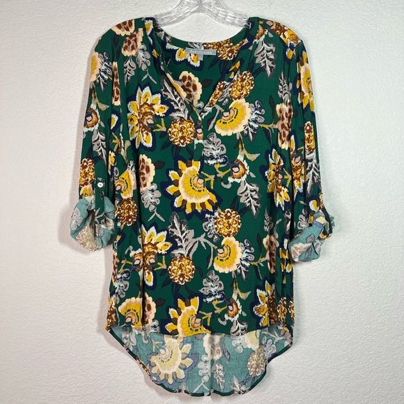Daniel rainn Women's Roll Tab Sleeves Floral Asymmetrical Hem Green Blouse Size - Picture 1 of 6